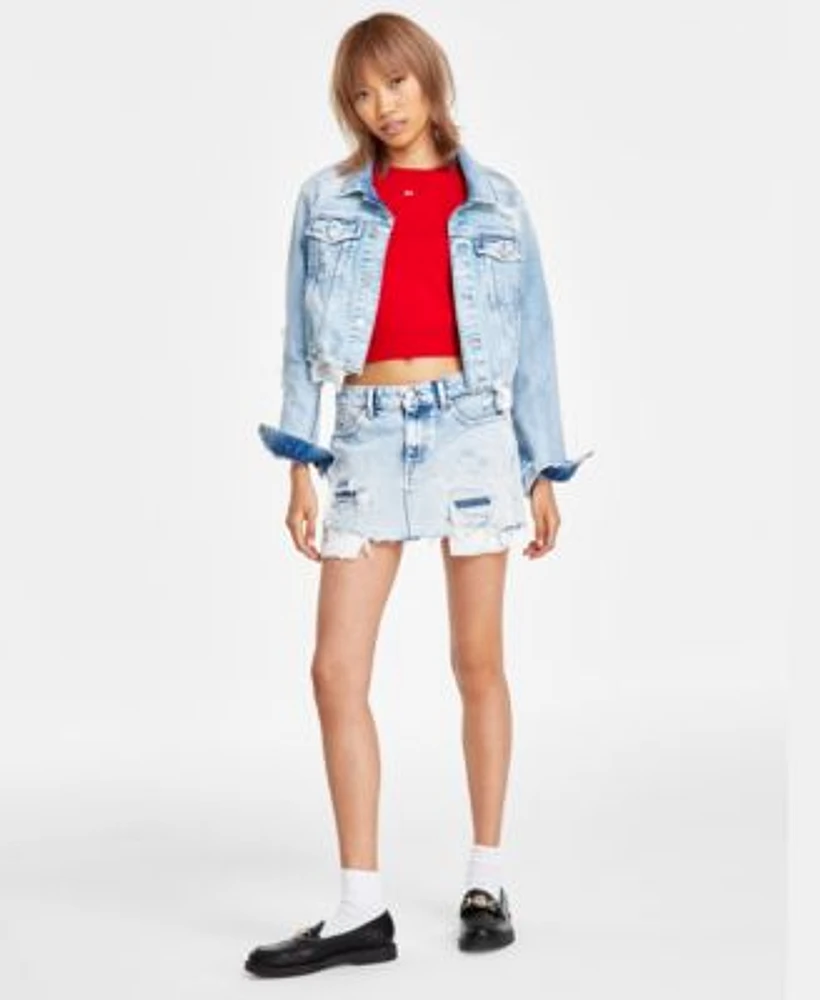 Tommy Jeans Womens Izzie Cut Off Denim Jacket Short Sleeve Sweater Sophie Denim Mini Skirt