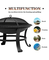 26" Outdoor All-Season Portable Steel Fire Pits Fire Places with Spark Screen, Barbecue Net, Poke