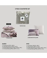 Bebejan Dahlia Purple Bedding 200 Thread Count 100% Cotton Sateen 5 Piece Reversible Queen Comforter Set