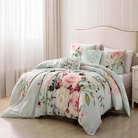 Bebejan Rose on Misty Green Bedding 200 Thread Count 100% Cotton Sateen 5 Piece Reversible King Comforter Set