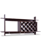 Slickblue Wall Mount Wine Rack with Glass Holder & Storage Shelf-Walnut