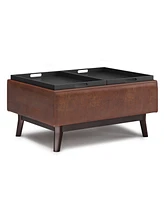 Simpli Home Owen Tray Top Small Coffee Table Storage Ottoman in Distressed Saddle Brown Pu Leather