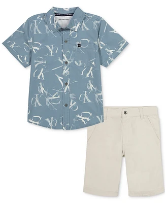 Calvin Klein Little Boy Plaid Poplin Button-Front Shirt Twill Shorts Set