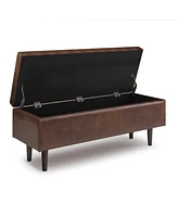 Simpli Home Shay Mid Century Rectangular Storage Ottoman in Distressed Chestnut Brown Pu Leather