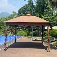 Pop Up Gazebo Canopy With Netting, 2-Tier Soft Top Tent, 11x11FT, Brown
