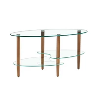 Modern Oval Glass Coffee Table with Oak Wood Legs
