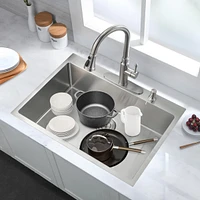 Streamdale Furniture Stainless Steel 30 In 2-Hole Single Bowl Drop-In Kitchen Sink With Bottom Grid And Basket