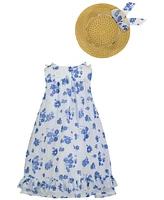 Blueberi Boulevard Baby Girls Ruffle-Trim White Blue Swing Dress Sun Hat