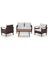 4-Piece Garden Furniture, Patio Seating Set, Pe Rattan Outdoor Sofa Set, Wood Table And Legs