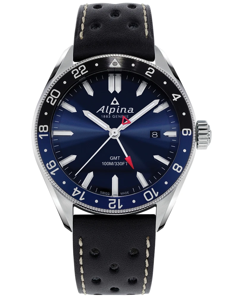 Alpina Men's Swiss Alpiner Black Perforated Leather Strap Watch 42mm