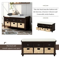 Rustic Storage Bench With 3 Drawers And 3 Rattan Baskets, Shoe Bench For Living Room