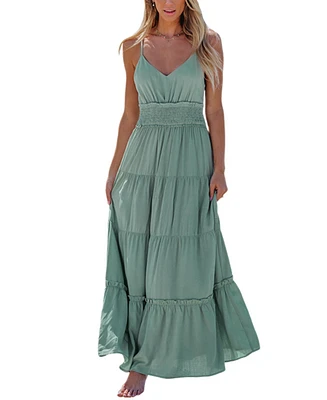 Cupshe Women's Sage Sleeveless Smocked Waist Ruffled Hem Maxi Beach Dress