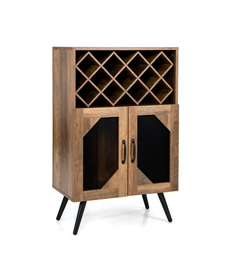 Slickblue 2-Door Farmhouse Kitchen Storage Bar Cabinet with Wine Rack and Glass Holder-Rustic Brown