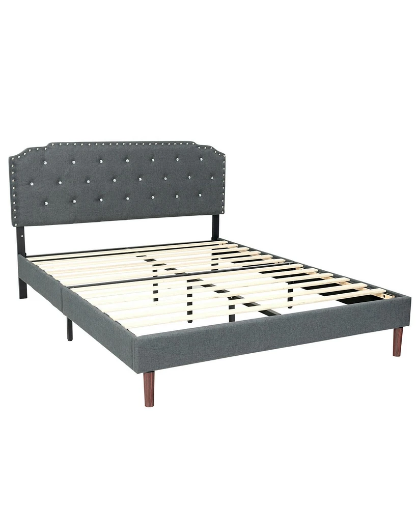 Slickblue Upholstered Bed Frame with Adjustable Diamond Button Headboard