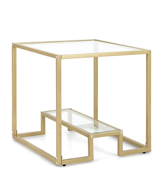 Slickblue 22 Inch 2-Tier Square Sofa Side Table with Tempered Glass Tabletop-Golden