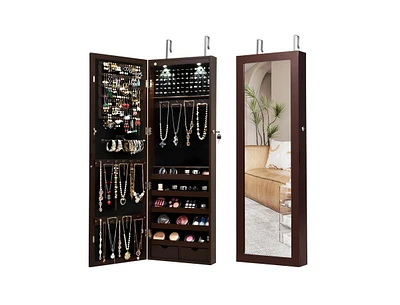 Slickblue Lockable Wall Mount Mirrored Jewelry Cabinet with Led Lights