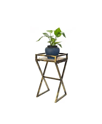 Ore International 27 in. Gray Stone Slab Black & Gold Metal Plant Stand