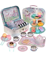 Jewelkeeper Pretend Tin Tea Set with Food and Carrying Case for Little Girls