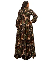 L I V D Plus Camo Bella Donna Dress with Ribbon and Puffed Out Sleeves