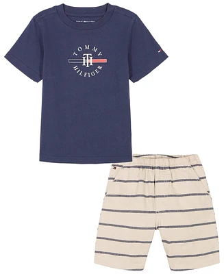 Tommy Hilfiger Toddler Boy short sleeve Logo Graphic Tee Striped Oxford Shorts Set
