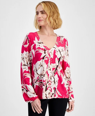 I.n.c. International Concepts Petite Floral-Print Studded Top, Created for Macy's
