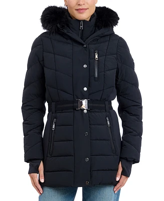 Michael Kors Petite Belted Faux-Fur-Trim Hooded Puffer Coat