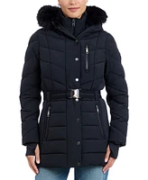 Michael Kors Petite Belted Faux-Fur-Trim Hooded Puffer Coat