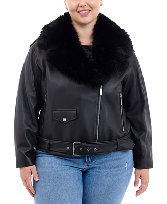 Michael Kors Plus Faux-Fur-Collar Leather Moto Coat