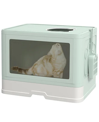 PawHut Cat Litter Box, Front Entry Top Exit Cat Litter Tray, Green