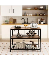 Sugift 3 Shelves Kitchen Island Industrial Prep Table with Bottom Wine Rack