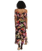 London Times Petite Floral-Print Cold-Shoulder Maxi Dress