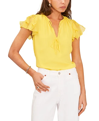 1.state Women's Tie Neck Short Flutter Sleeve Blouse