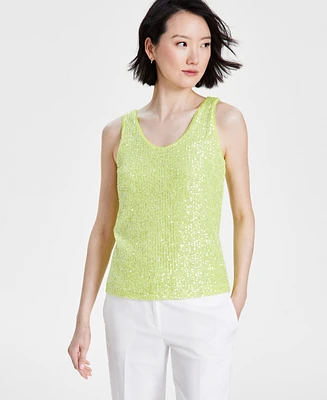 Anne Klein Women's Sequined Mesh Scoop-Neck Tank Top