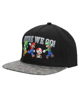 Super Mario Boys Bros Here We Go Black Snapback Hat