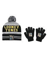 Looney Tunes Boys Striped Youth Pom Beanie and Gloves Set