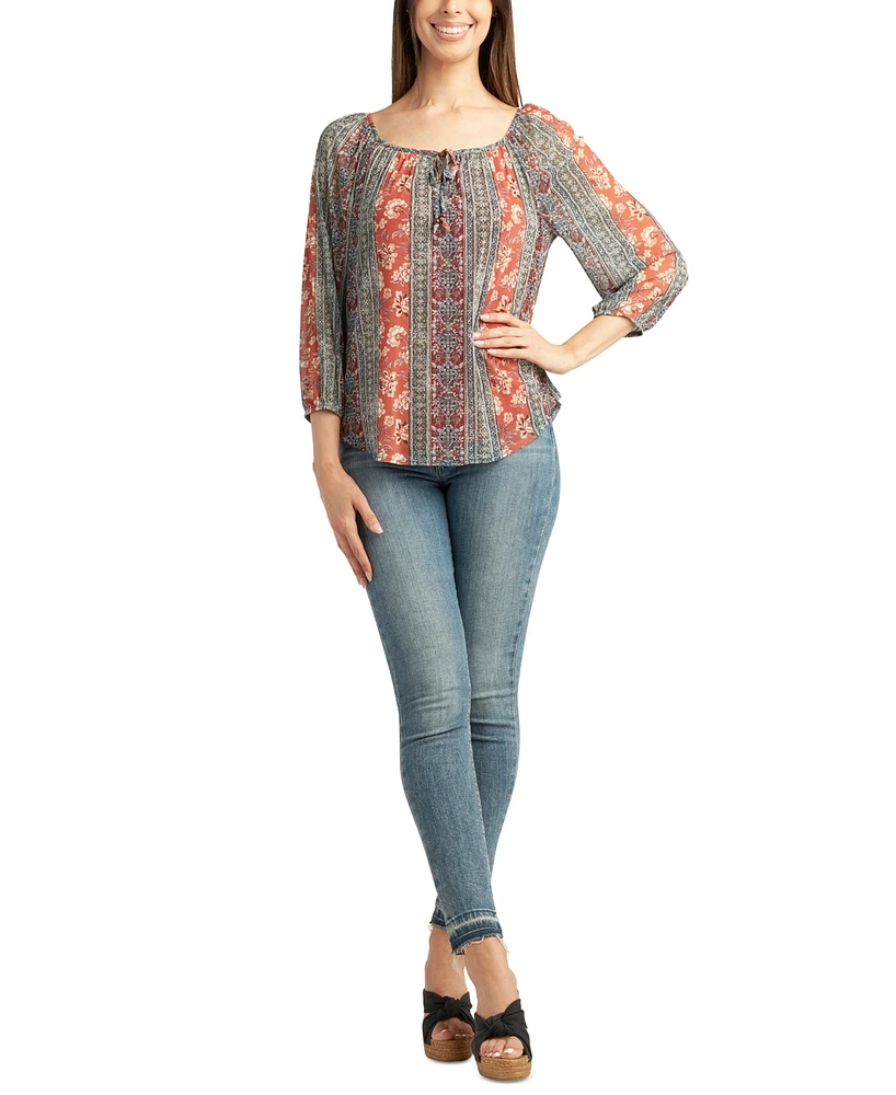 Bcx Juniors' Printed Tie-Neck Bubble-Sleeve Peasant Top
