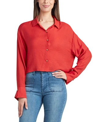 Bcx Juniors' Collared Long-Sleeve Cropped Shirt