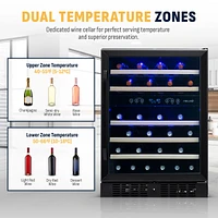 Newair 24-inch 46 Bottle Wine Cooler Refrigerator, Built-in Dual Zone Wine Fridge in Black Stainless Steel, Quiet Operation with Beechwood Shelves