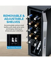 Newair 12 Bottle Wine Cooler Refrigerator, Freestanding Wine Fridge with Stainless Steel & Double-Layer Tempered Glass Door, Quiet Compressor Cooling