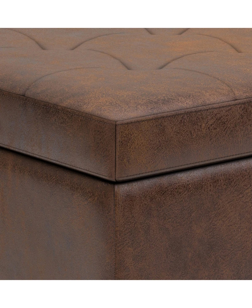 Simpli Home Oregon Storage Ottoman Bench with Tray Satin Cream Pu Leather