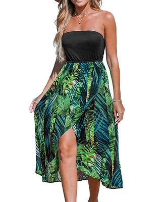Cupshe Women's Black & Tropical Leaf Colorblock Midi Tube Beach Dress