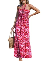 Cupshe Women's Red Floral Halter Neck Maxi Beach Dress