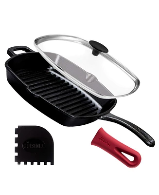 Cuisinel Cast Iron Square Grill Pan with Glass Lid - 10.5 Inch Pre-Seasoned Skillet