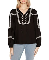 Belldini Black Label Embroidered Blouson Tie Neck Top