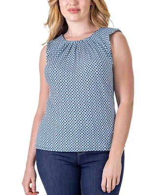24seven Comfort Apparel Print Pleated Crew Neckline Back Closure Sleeveless Top
