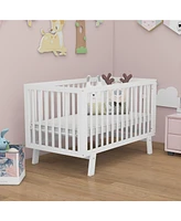 Slickblue Rubber Wood Baby Crib with Adjustable Mattress Heights and Guardrails-White