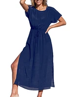 Cupshe Women's Navy Round Neck Split Seam Maxi Cover-Up