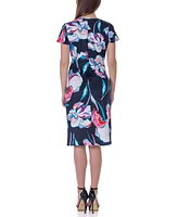 24seven Comfort Apparel Print Knee Length Short Sleeve Faux Wrap Dress