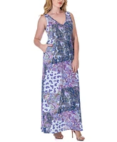 24seven Comfort Apparel Print Sleeveless V Neck Maxi Pocket Dress