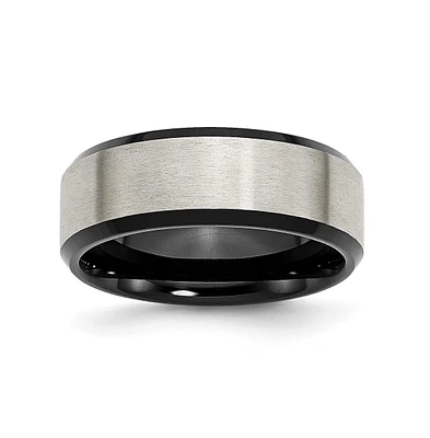 Chisel Titanium Brushed Center Black Ip-plated Beveled Edge Band Ring